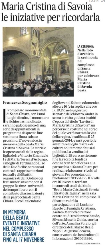 L'articolo de Il Mattino su Maria Cristina di Savoia “in scena” nel magnifico Chiostro di Santa Chiara